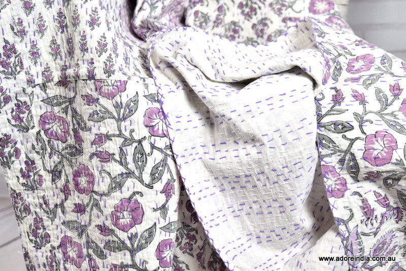 Indian Handmade Purple Hand Block Patchwork Reversible Kantha Quilt - Adore India   