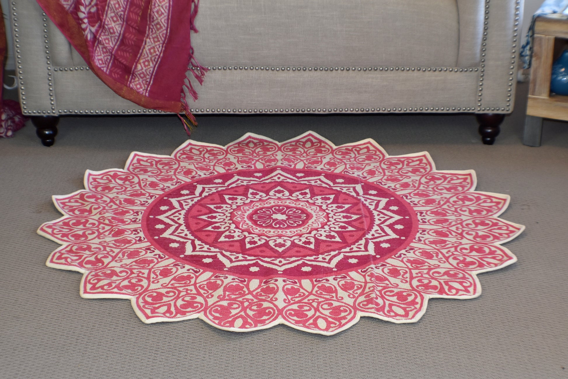 Handmade Pink Mandala Block Print Cotton Dhurrie Carpet Rug - Adore India   