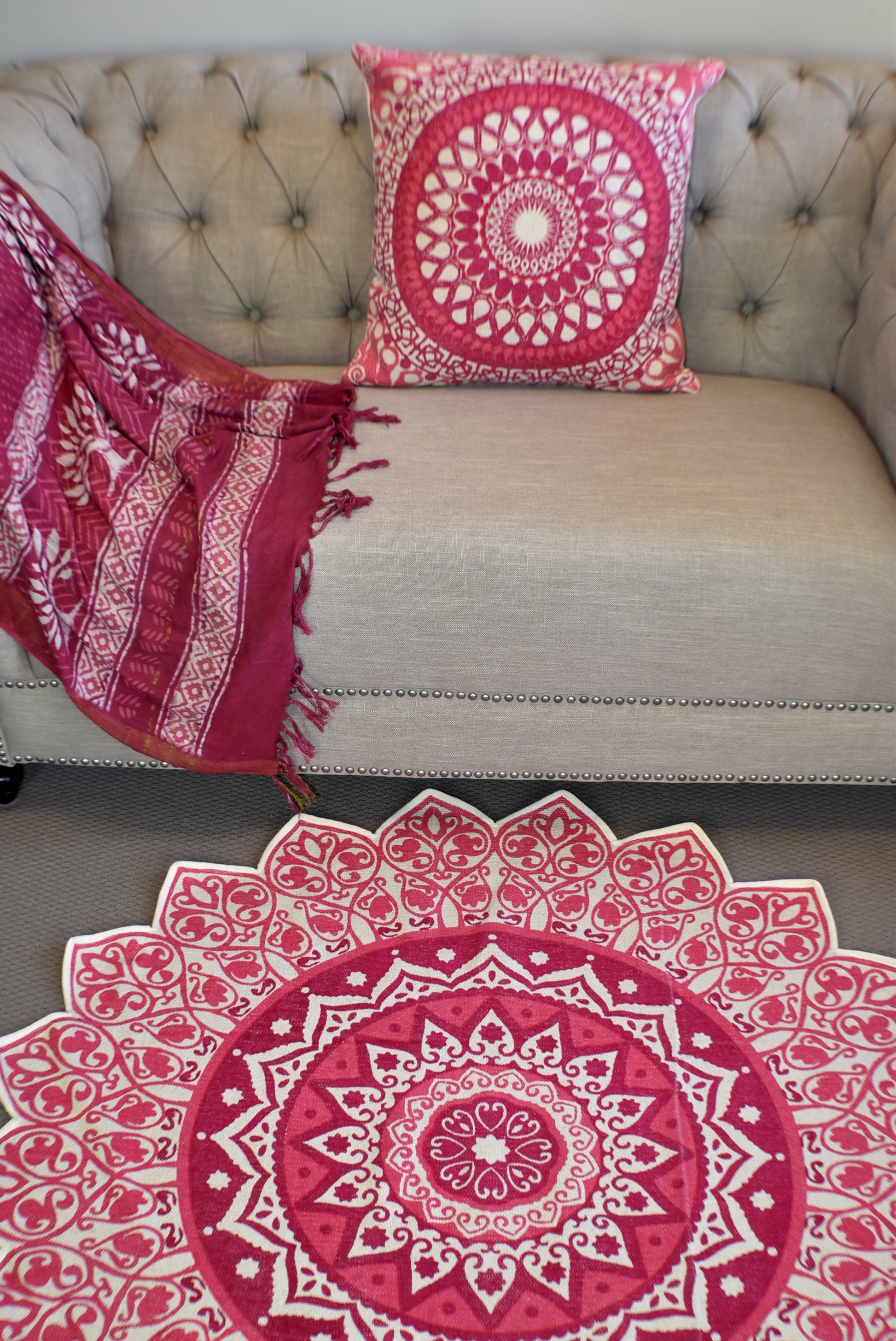 Handmade Pink Mandala Block Print Cotton Dhurrie Carpet Rug - Adore India   