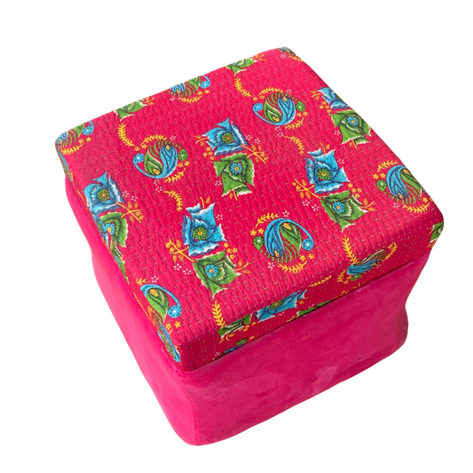 Bohemian Kantha Red Patchwork Decorative Vintage Footrest Stool Seat - Adore India   
