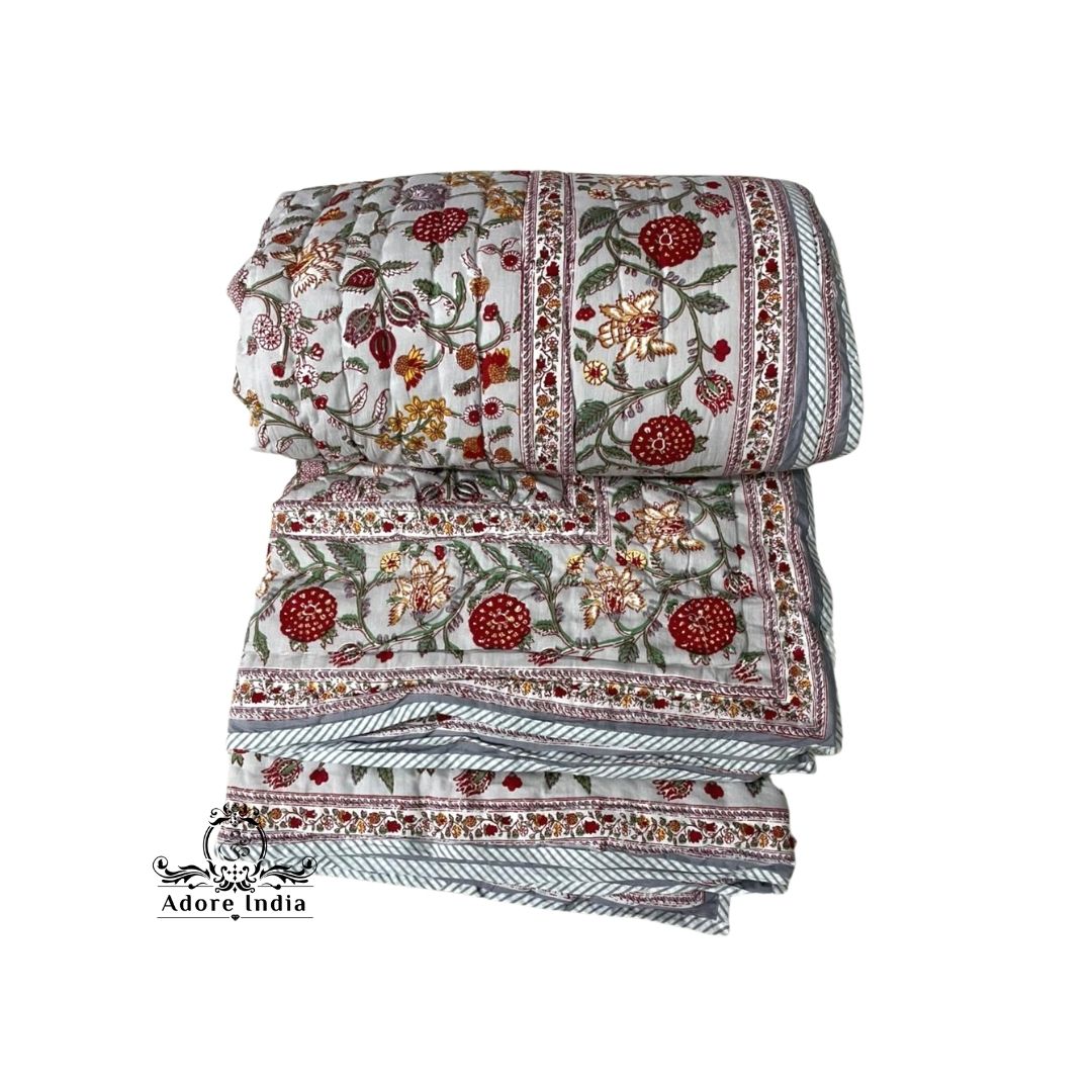 Fruity Grey Red Floral Cotton Padded Kantha Bedspread Quilt Comforter - Adore India   