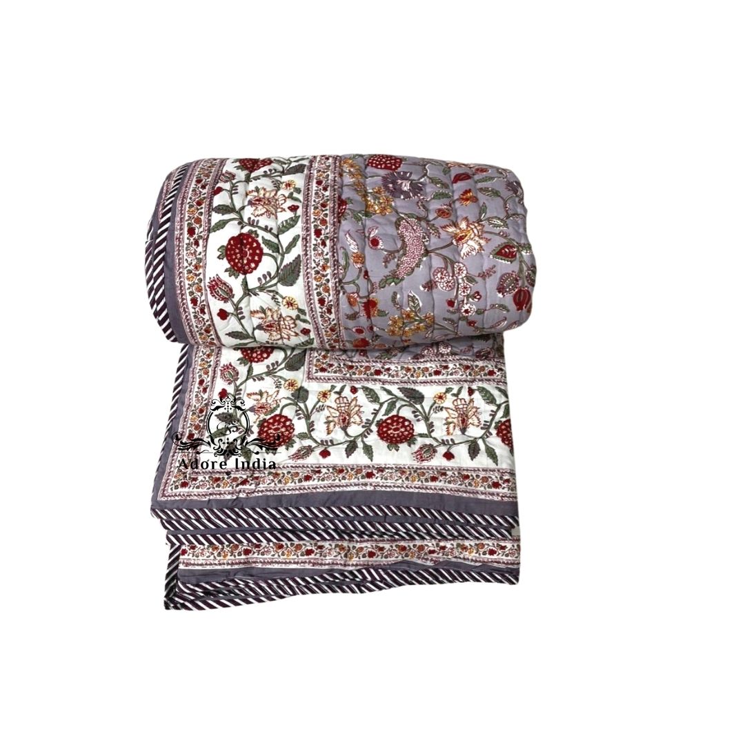 Fruity Purple Floral Cotton Padded Kantha Bedspread Quilt Comforter - Adore India   