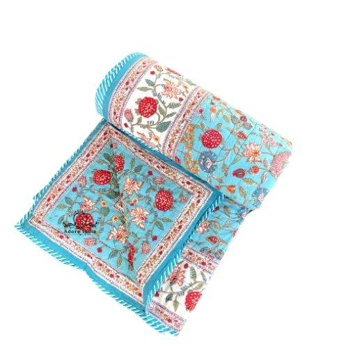 Fruity Turquoise Floral Cotton Padded Kantha Bedspread Quilt Comforter - Adore India   