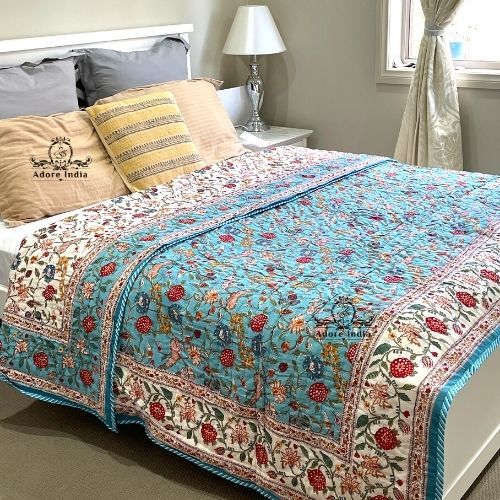 Fruity Turquoise Floral Cotton Padded Kantha Bedspread Quilt Comforter - Adore India   