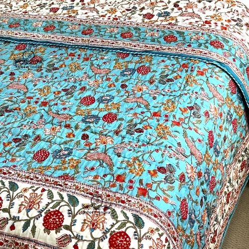 Fruity Turquoise Floral Cotton Padded Kantha Bedspread Quilt Comforter - Adore India   