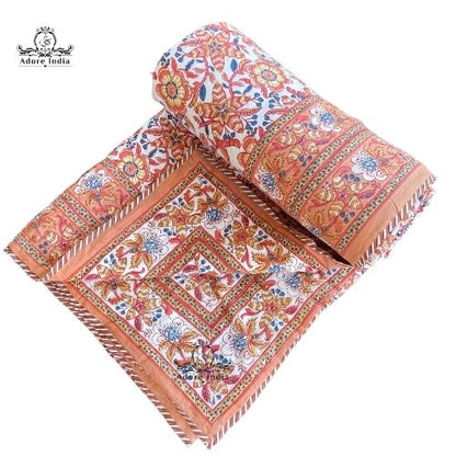 Gold Ganesha Floral Cotton Padded Kantha Bedspread Quilt Comforter - Adore India   