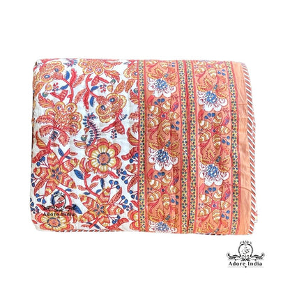 Gold Ganesha Floral Cotton Padded Kantha Bedspread Quilt Comforter - Adore India   