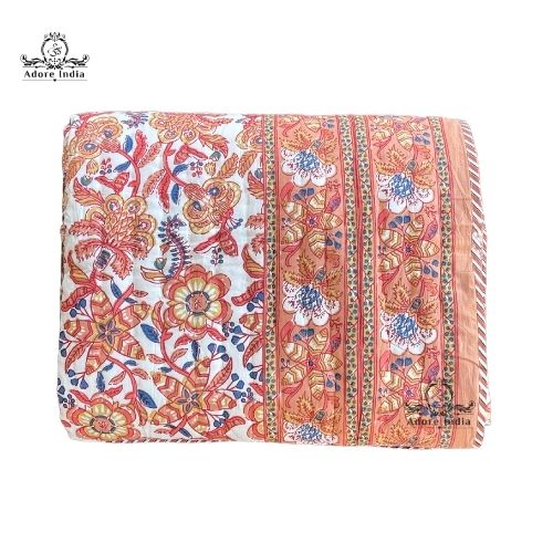 Gold Ganesha Floral Cotton Padded Kantha Bedspread Quilt Comforter - Adore India   