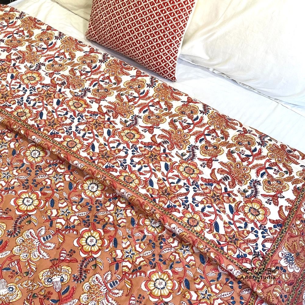 Gold Ganesha Floral Cotton Padded Kantha Bedspread Quilt Comforter - Adore India   