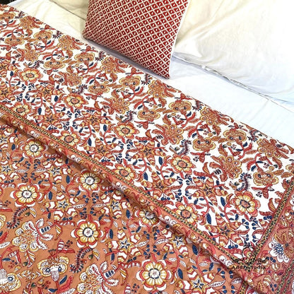 Gold Ganesha Floral Cotton Padded Kantha Bedspread Quilt Comforter - Adore India   