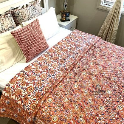 Gold Ganesha Floral Cotton Padded Kantha Bedspread Quilt Comforter - Adore India   