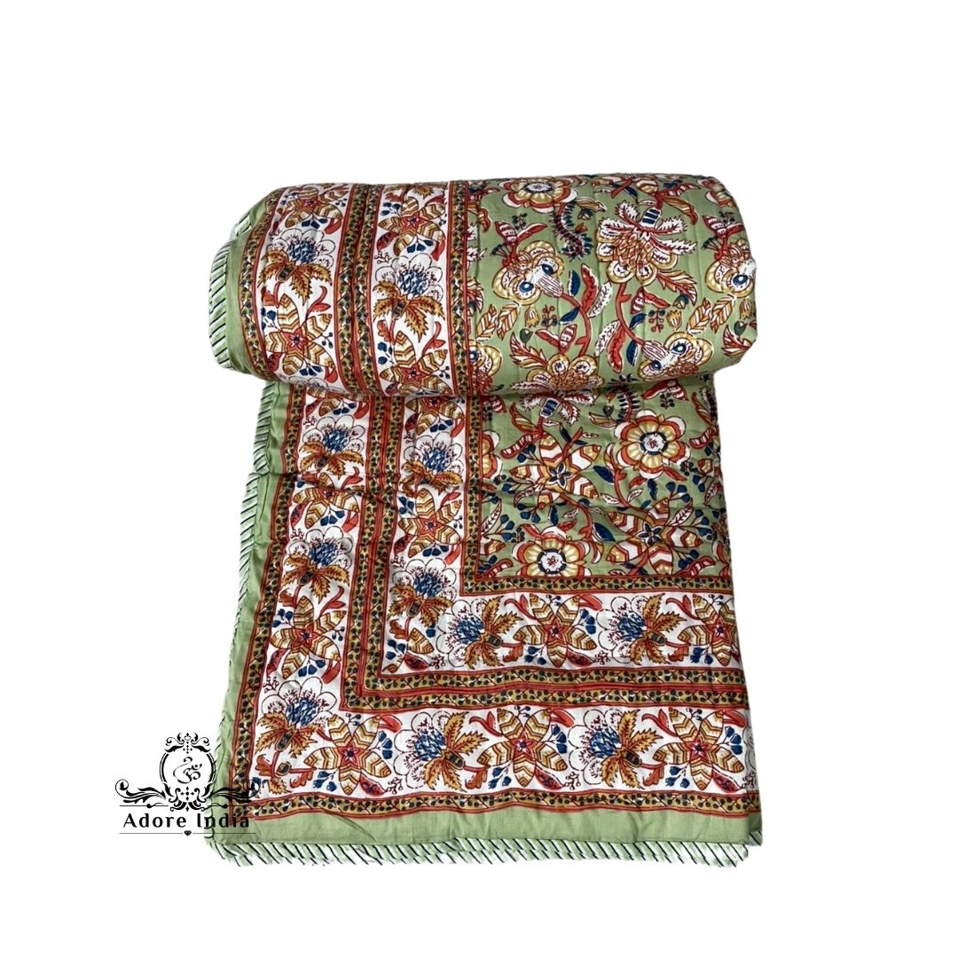 Green Ganesha Floral Cotton Padded Kantha Bedspread Quilt Comforter - Adore India   