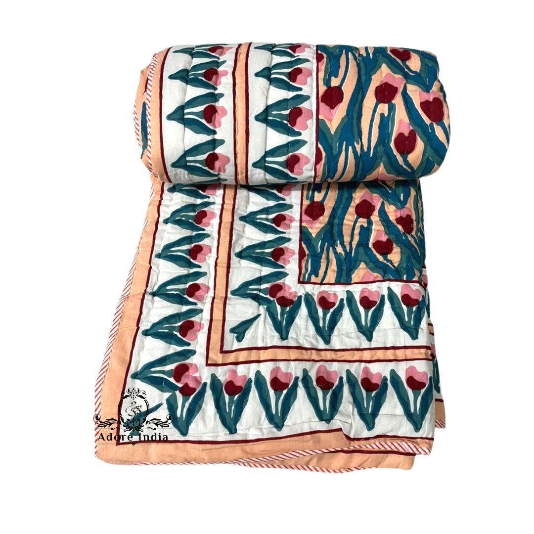 Handy Peach Floral Cotton Padded Kantha Bedspread Quilt Comforter - Adore India   