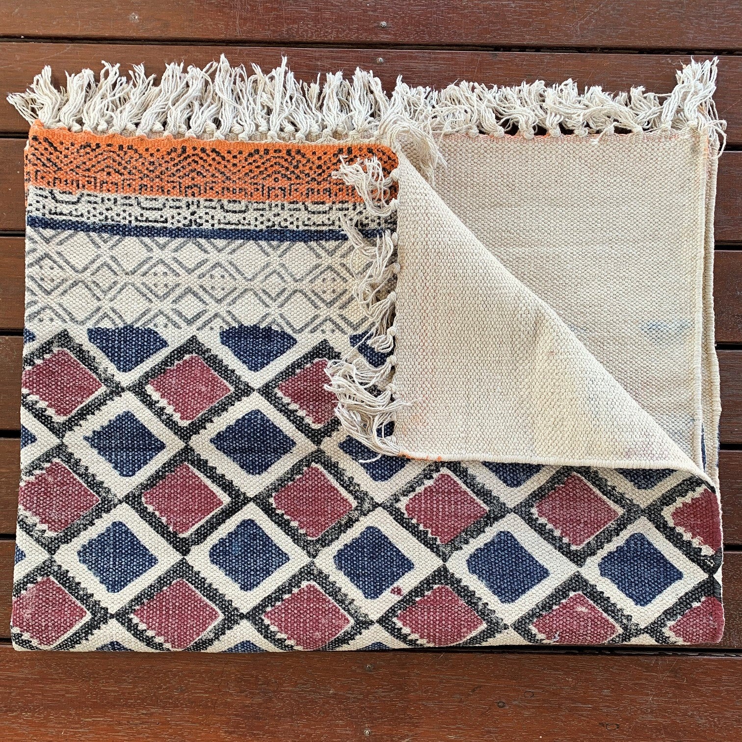 Handmade Beautiful Multi Ikat Block Print Dari Cotton Carpet - Adore India   