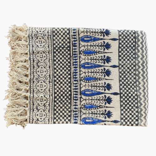 Handmade Beautiful Hand Made Tilak Indigo Block Print Cotton Dari Carpet - Adore India   