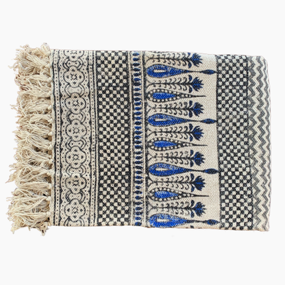 Handmade Beautiful Hand Made Tilak Indigo Block Print Cotton Dari Carpet - Adore India   