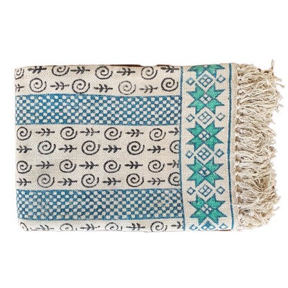 Handmade Beautiful Sarcelle Block Print Cotton Dari Carpet Serenity - Adore India   