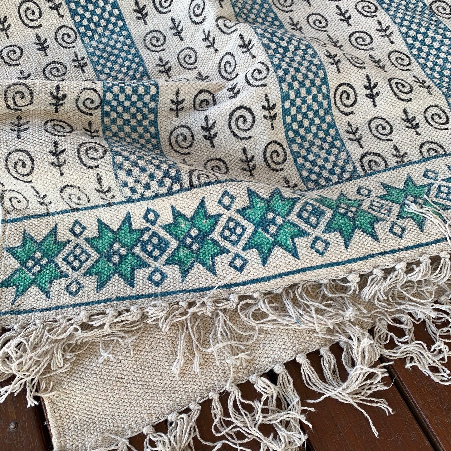 Handmade Beautiful Sarcelle Block Print Cotton Dari Carpet Serenity - Adore India   