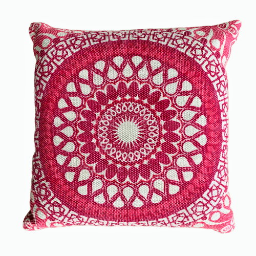 Block Print Pink Daisy Mandala Dari Cushion 50 cms - Adore India   
