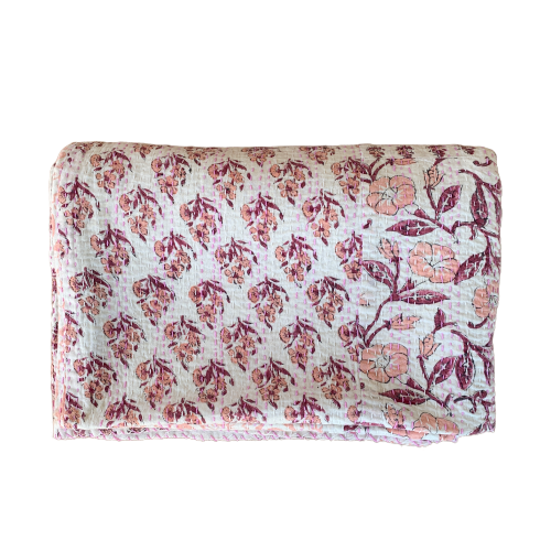 Hand Block Indian Lt Coral Patchwork Cotton Kantha Quilt Bedspread - Adore India   
