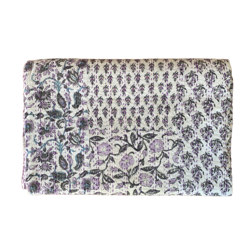 Indian Handmade Purple Hand Block Patchwork Reversible Kantha Quilt - Adore India   