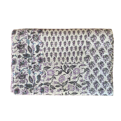 Indian Handmade Purple Hand Block Patchwork Reversible Kantha Quilt - Adore India   