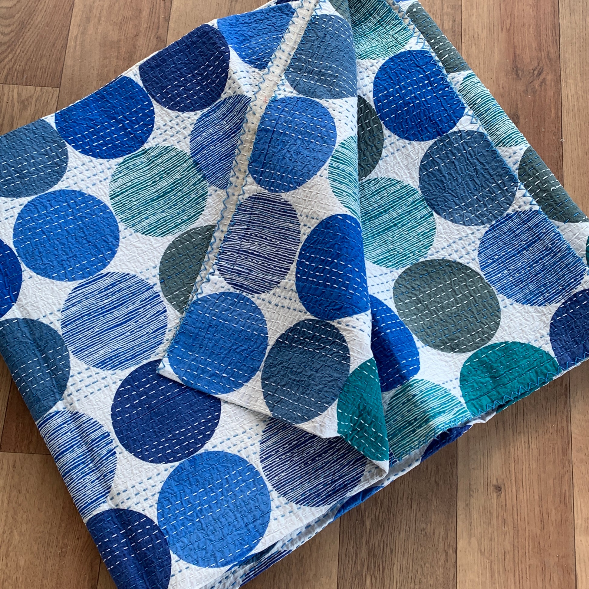 Handmade Blue Polka Dot Cotton Reversible Kantha Quilt Bedspread Throw - Adore India   