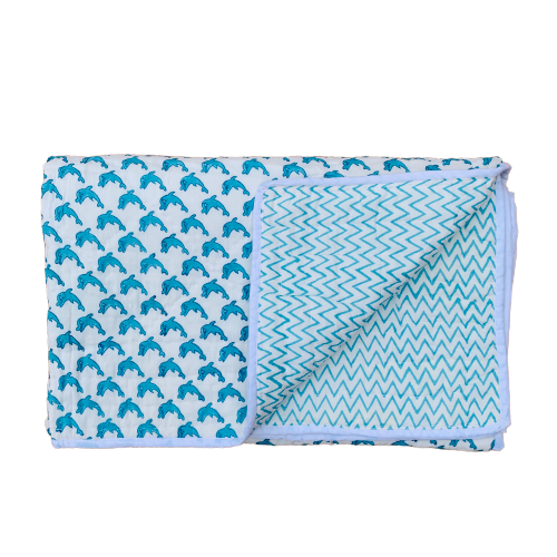 Blue Fish Print Cotton Reversible Padded Baby Quilt Bedspread - Adore India   