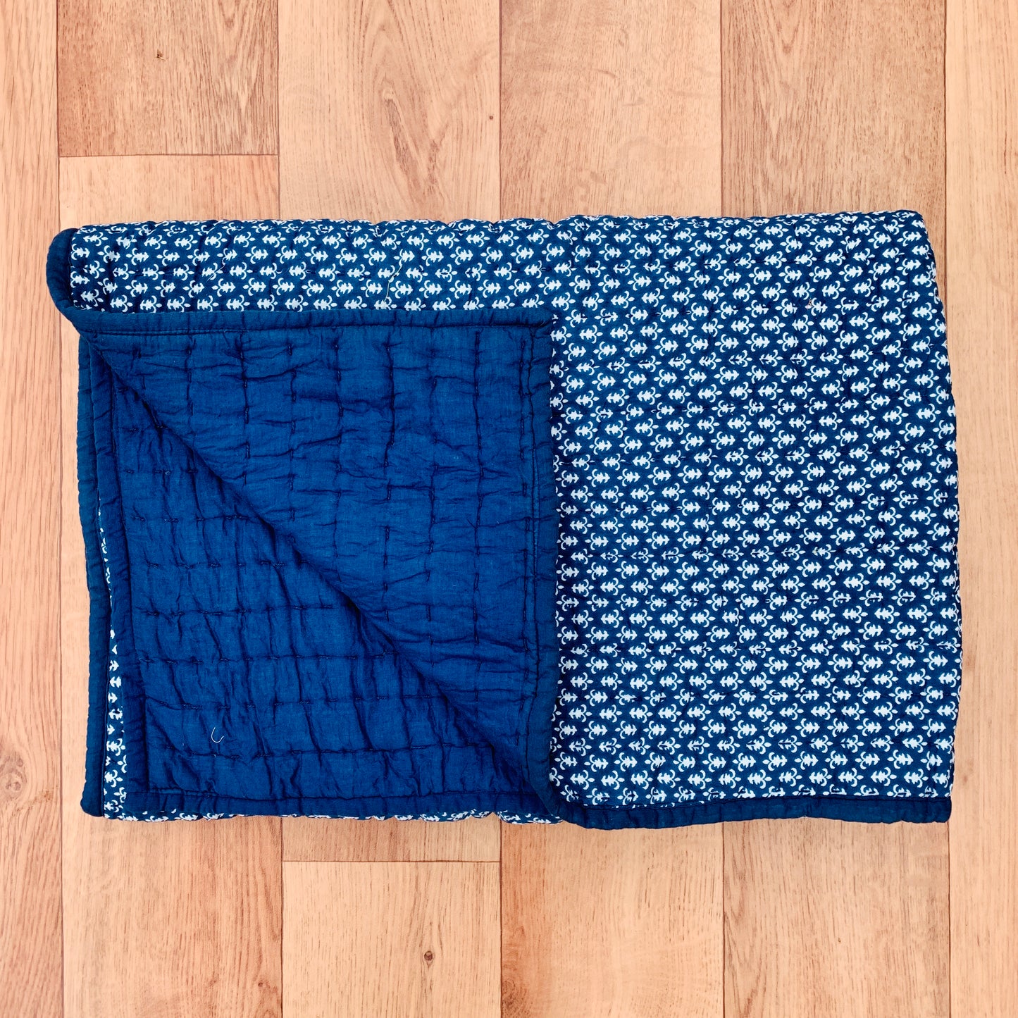 Indigo Royal Print Cotton Reversible Padded Baby Quilt Bedspread - Adore India   