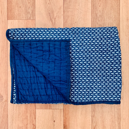Indigo Royal Print Cotton Reversible Padded Baby Quilt Bedspread - Adore India   
