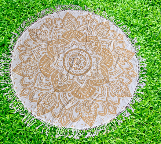 Bohemian Gold Printed Cotton Mandala Beach Roundie - Adore India   