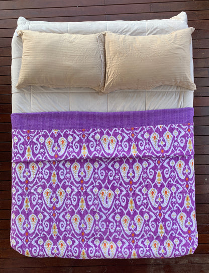 Indian Handmade Purple Paisley Ikat Print Kantha Quilt Bedspread - Adore India   
