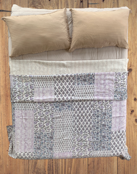 Indian Handmade Purple Hand Block Patchwork Reversible Kantha Quilt - Adore India   