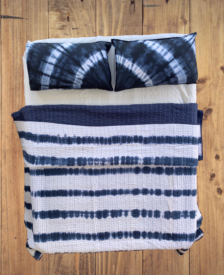 Handmade Indigo Tie dye Stripe Quilted Reversible Kantha Quilt - Adore India   
