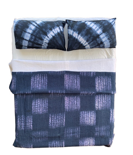 Handmade Indigo Tie dye Boxed Quilted Reversible Kantha Quilt - Adore India   