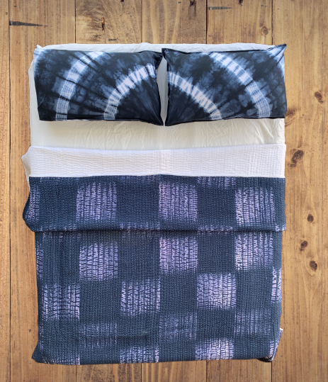 Handmade Indigo Tie dye Boxed Quilted Reversible Kantha Quilt - Adore India   