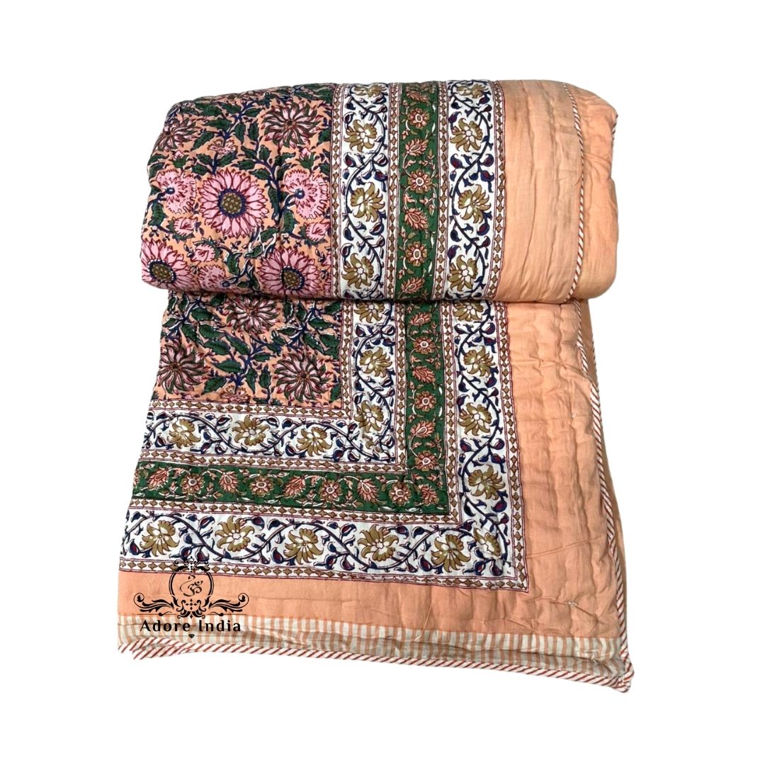 Pink Peach Floral Cotton Padded Kantha Bedspread Quilt Comforter - Adore India   