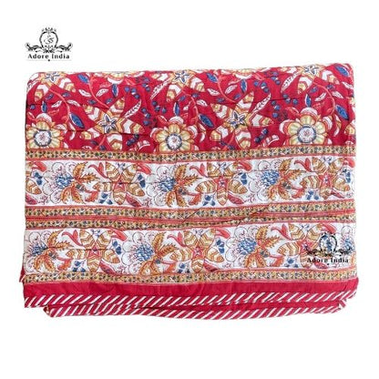 Red Ganesha Floral Cotton Padded Kantha Bedspread Quilt Comforter - Adore India   