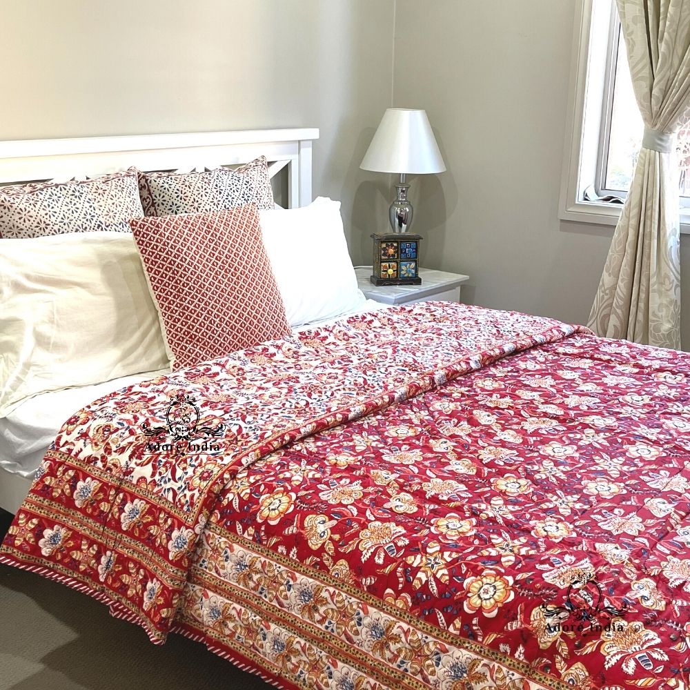 Red Ganesha Floral Cotton Padded Kantha Bedspread Quilt Comforter - Adore India   