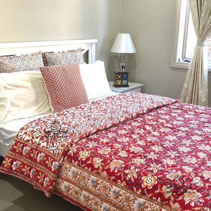 Red Ganesha Floral Cotton Padded Kantha Bedspread Quilt Comforter - Adore India   