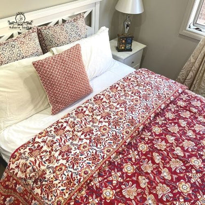 Red Ganesha Floral Cotton Padded Kantha Bedspread Quilt Comforter - Adore India   