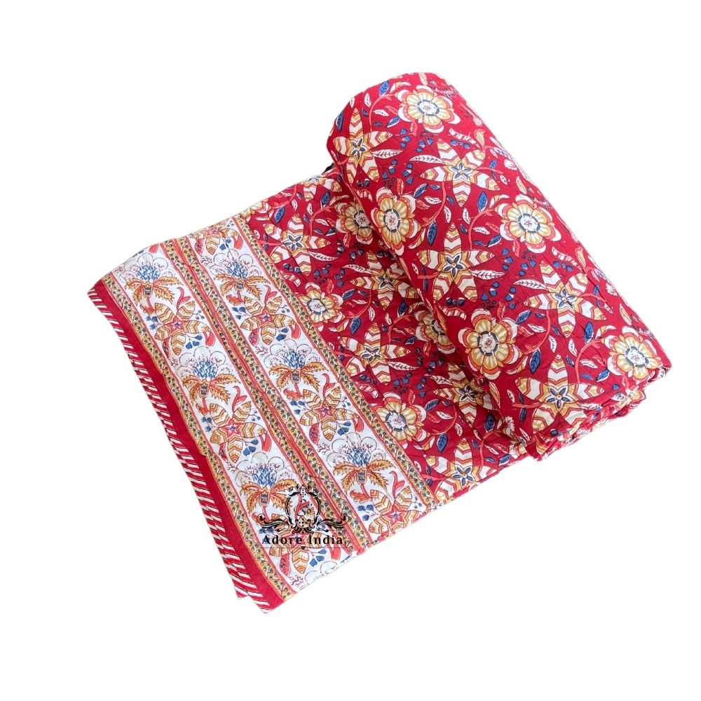 Red Ganesha Floral Cotton Padded Kantha Bedspread Quilt Comforter - Adore India   