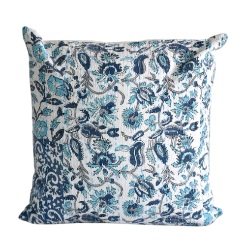 Blue Hand Block Printed Patchwork Cushion Cover - Adore India   