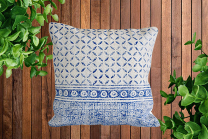 Indigo Geometry Block Print Cotton Dari Cushion Cover 45cm - Adore India   