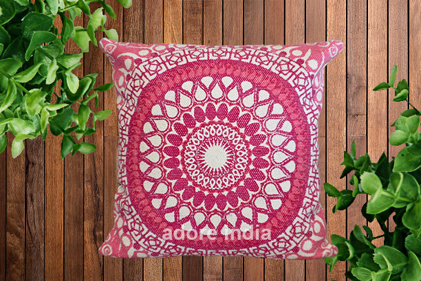 Block Print Pink Daisy Mandala Dari Cushion 50 cms - Adore India   