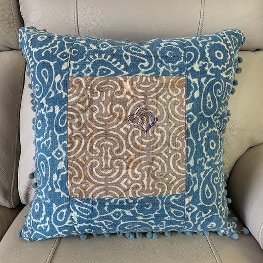 Indian Hand Made Vintage Kantha Patch Work Pomom Cushion Cover 45cm-3 - Adore India   