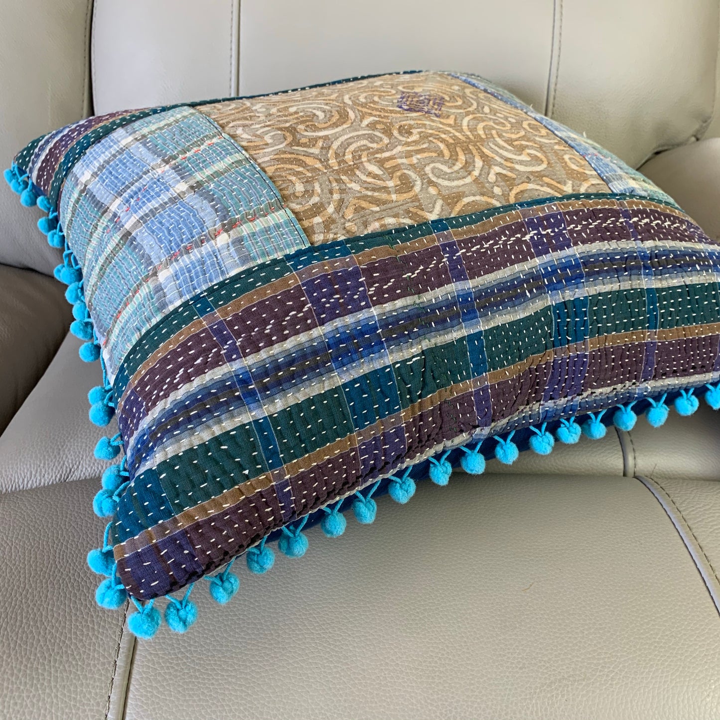 Indian Hand Made Vintage Kantha Patch Work Pomom Cushion Cover 45cm-2 - Adore India   