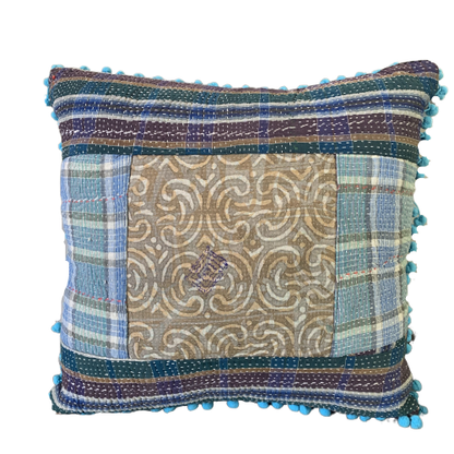 Indian Hand Made Vintage Kantha Patch Work Pomom Cushion Cover 45cm-2 - Adore India   