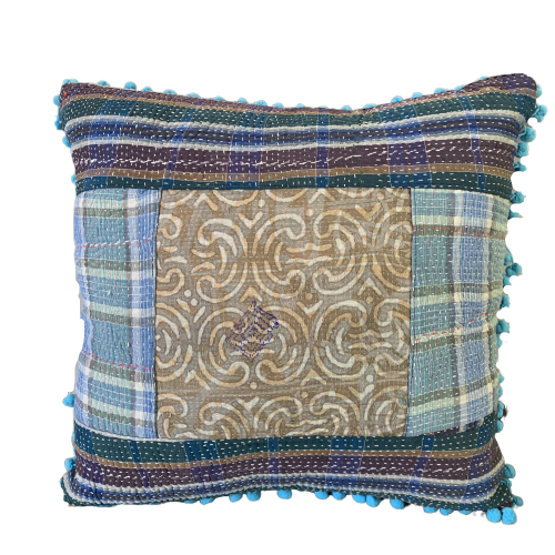 Indian Hand Made Vintage Kantha Patch Work Pomom Cushion Cover 45cm-2 - Adore India   