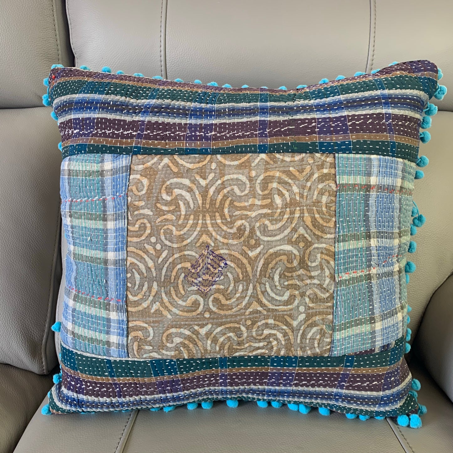 Indian Hand Made Vintage Kantha Patch Work Pomom Cushion Cover 45cm-2 - Adore India   